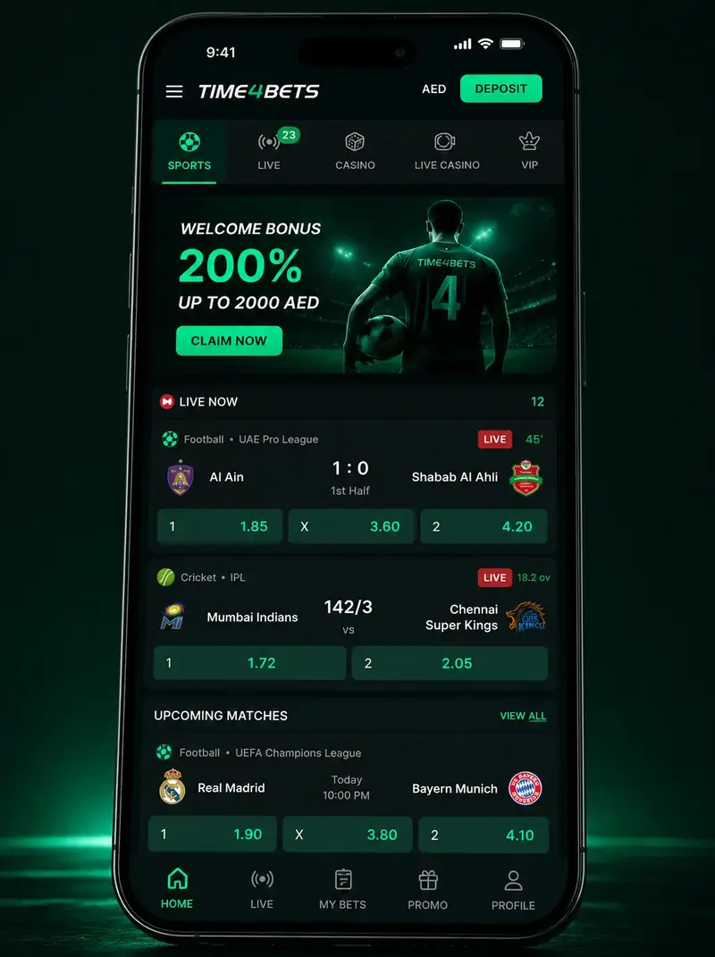 Time4Bets mobile screen with casino and sports access